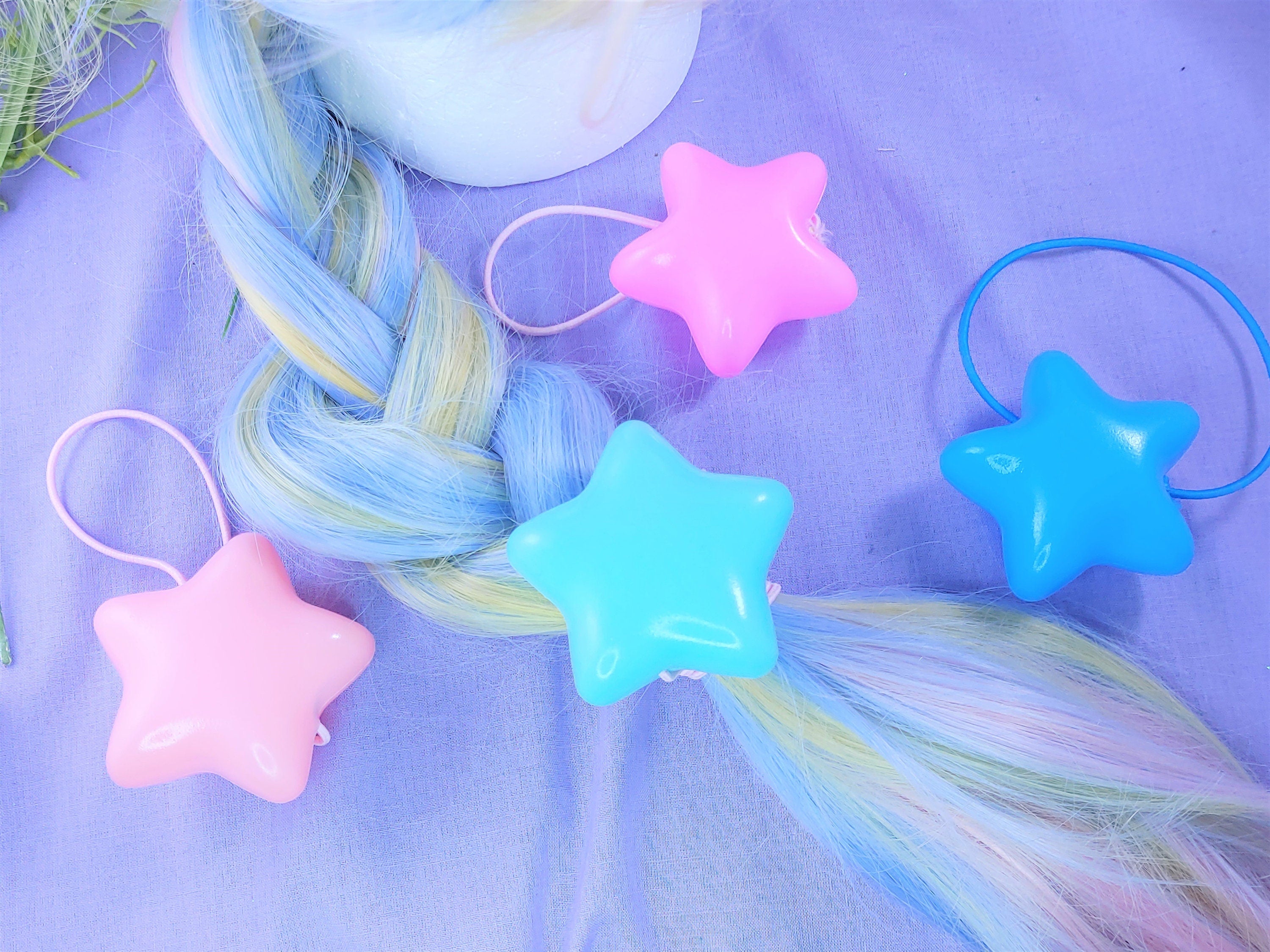 Kawaii Babe Fuzzy Star Hair Clips Blue & Yellow