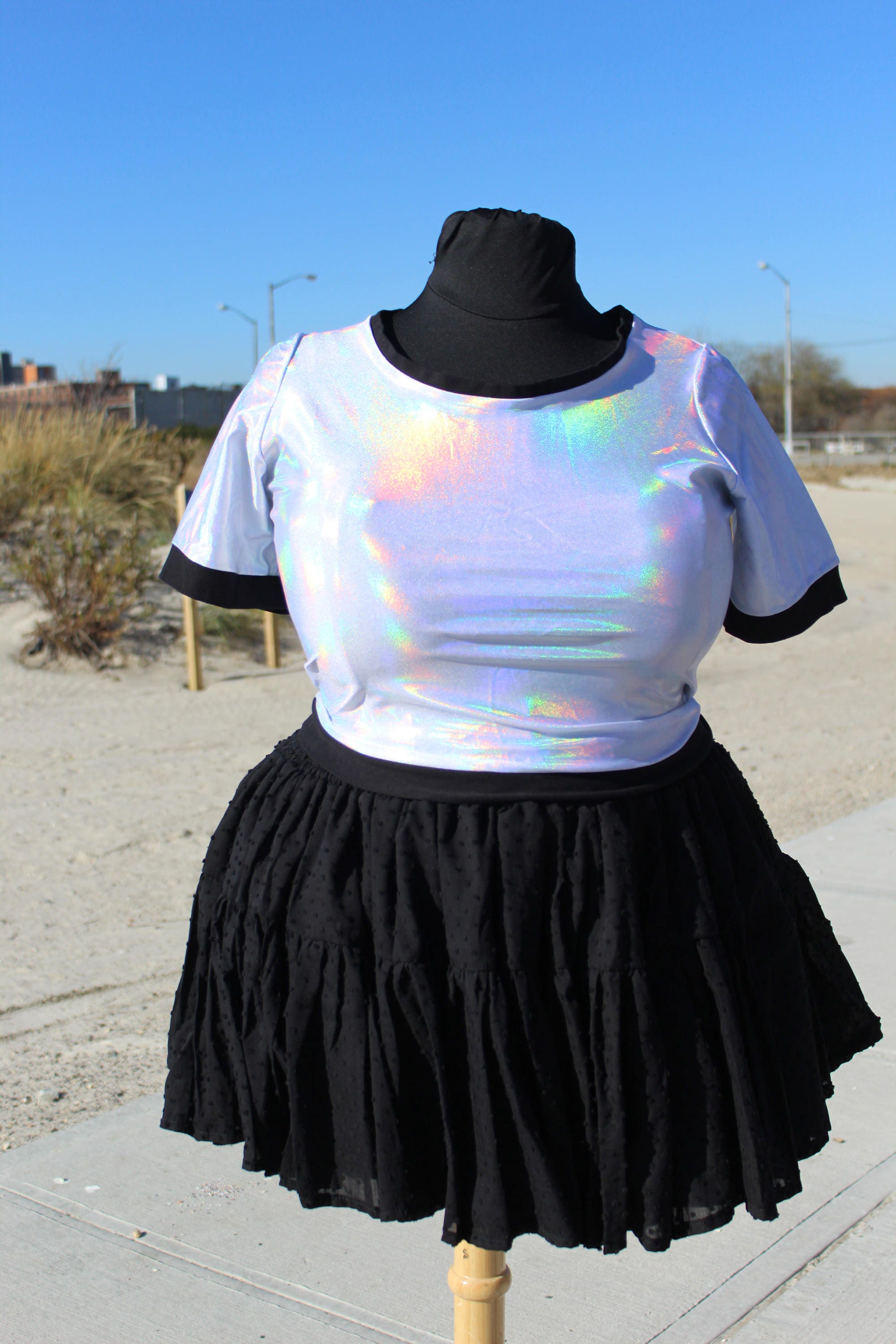 Holographic skirt clearance and crop top