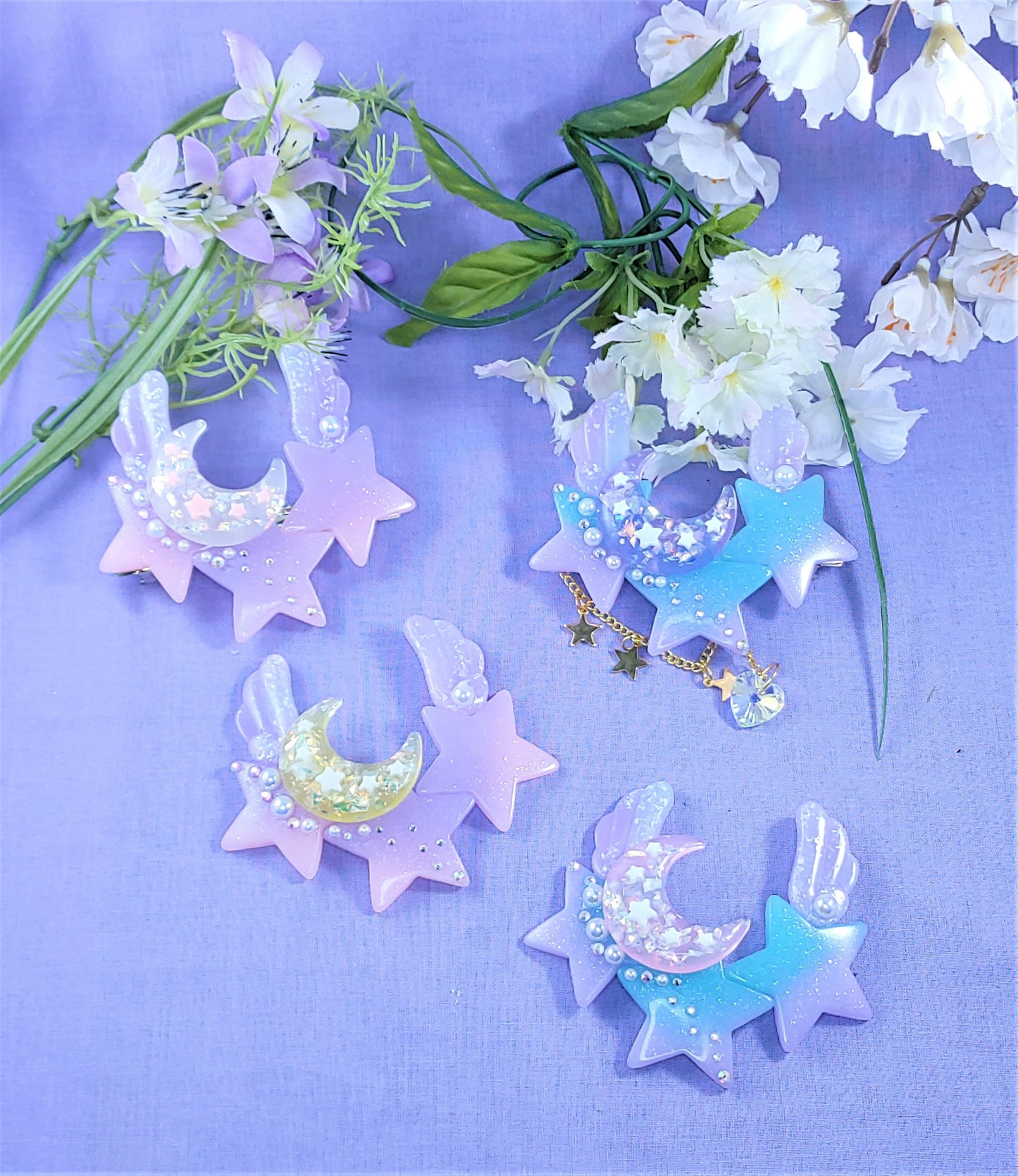 Celestial wings star moon and wing barette