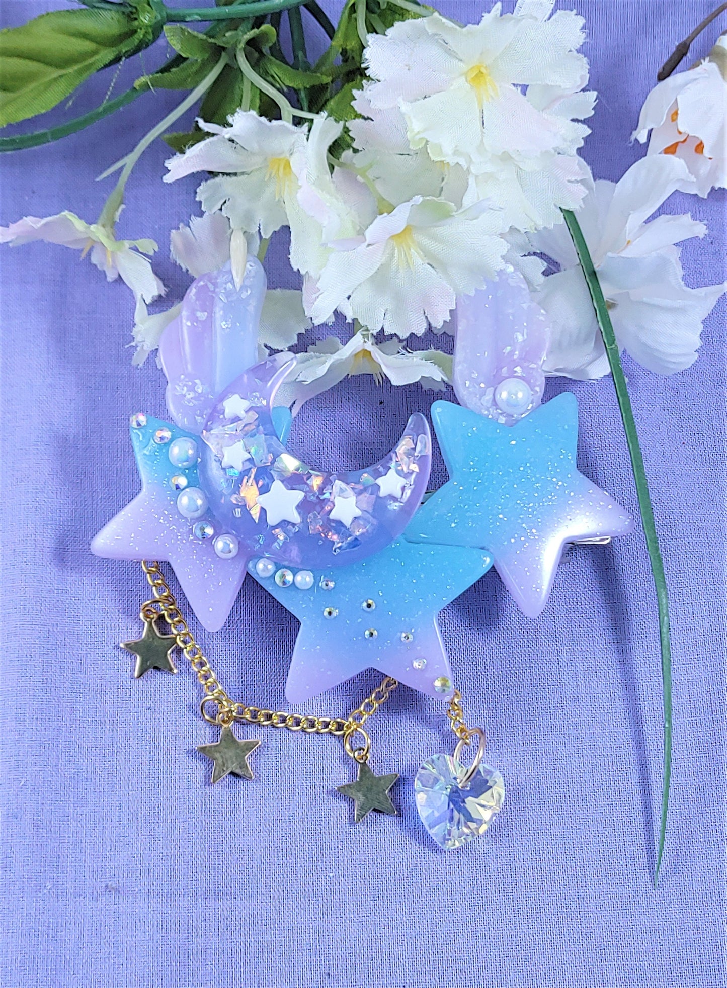 Celestial wings star moon and wing barette